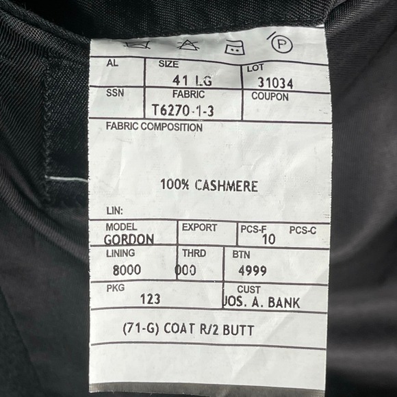 Jos A Bank Sport Coat Mens 41L Black 100% Cashmere Two Button Gordon